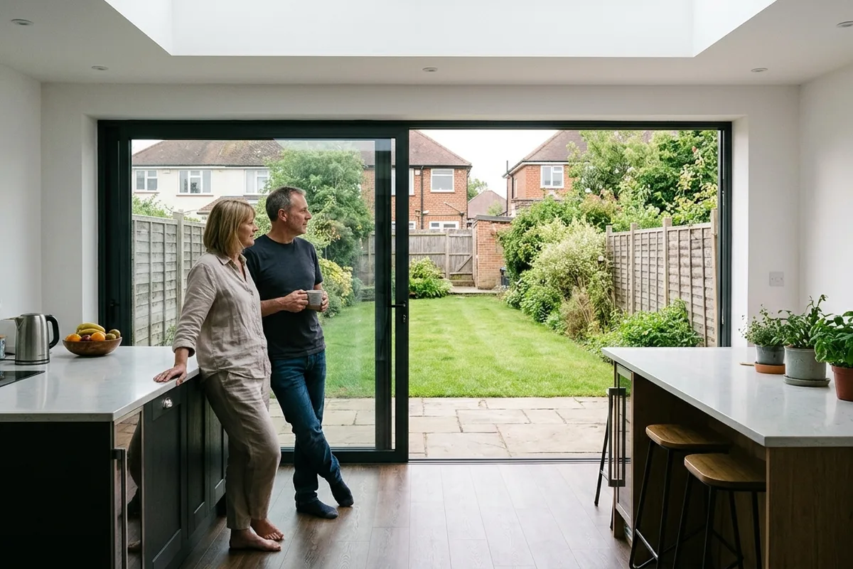Couple standing in a kitchen extension beside a two-pane grey aluminium sliding door onto a garden