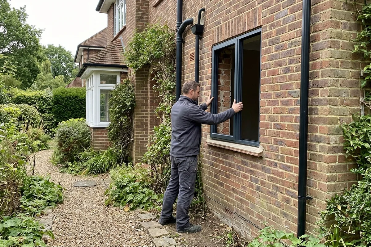 Installer in grey workwear fitting a dark grey aluminium casement into the side wall of a brick house beside a gravel path