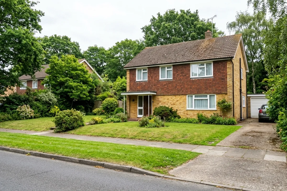 Detached post-war house with a tile-hung upper floor and white casement windows behind an open front lawn