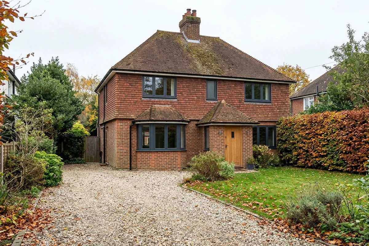 Detached 1930s tile-hung house with dark grey slimline aluminium windows, two small bays and an oak front door