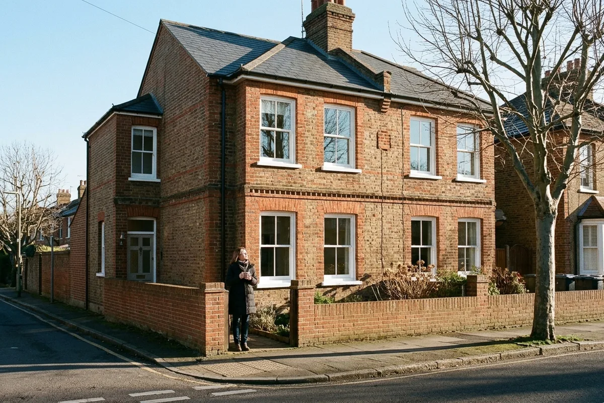 Woman standing at the front wall of a red-brick Victorian semi with painted white timber sash windows
