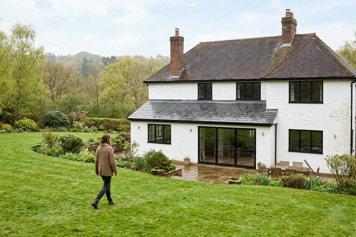 Woman crossing a sloping lawn towards a white-painted detached house with black steel-look aluminium windows and glazed garden doors