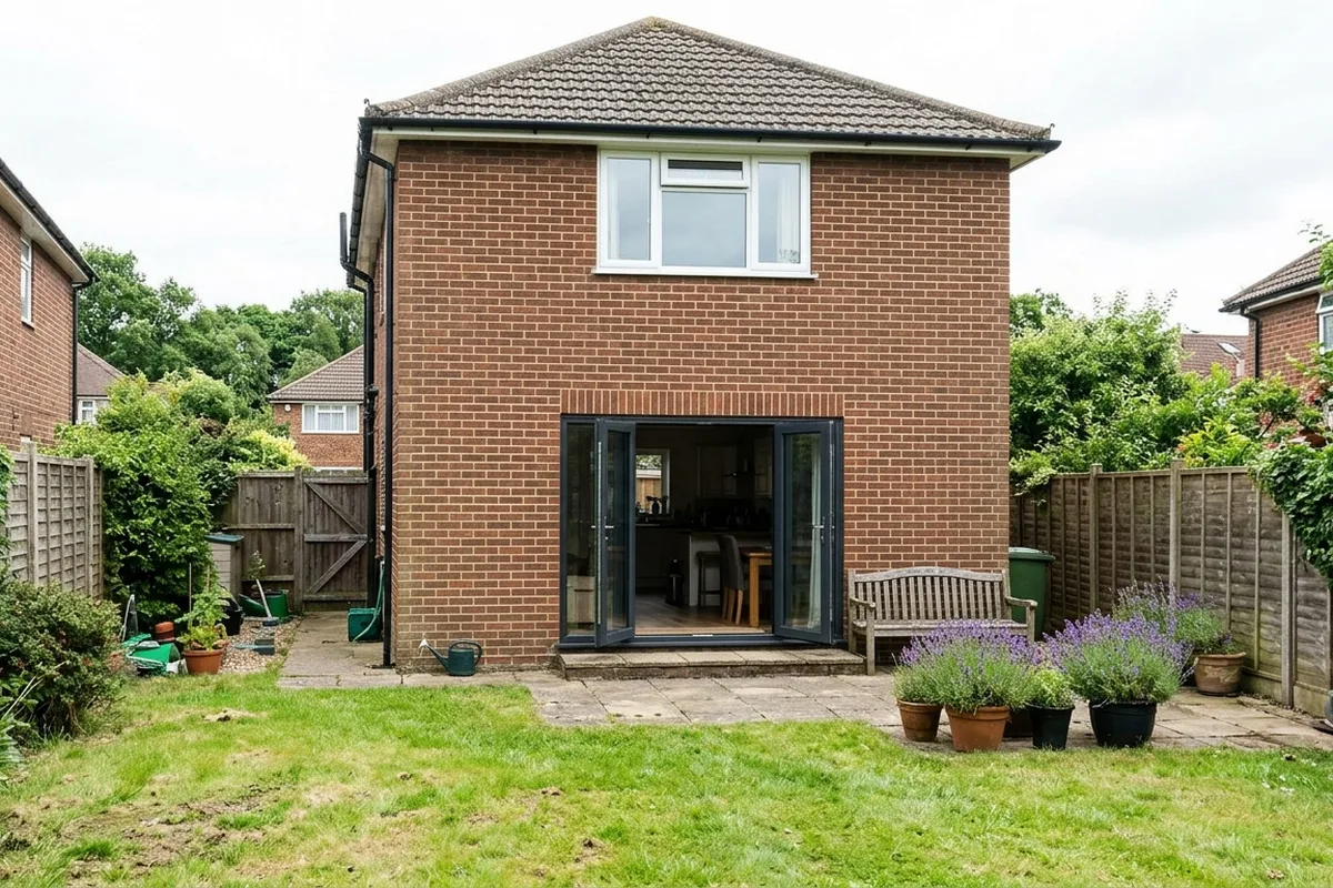Grey aluminium French doors open from a brick post-war house onto a small lawn