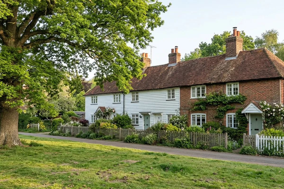 Row of weatherboarded and brick cottages with painted timber windows behind picket fences, typical of Epsom's older streets