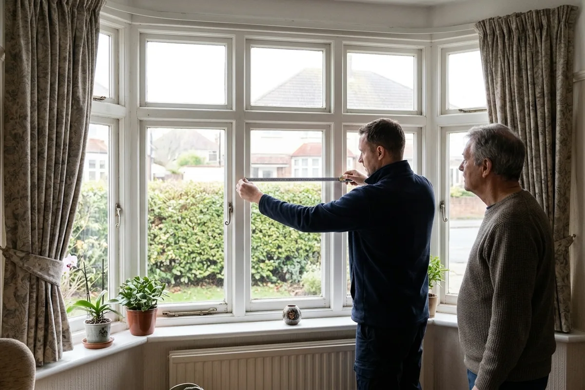 Surveyor measuring a white bay window from inside the room while an older homeowner watches